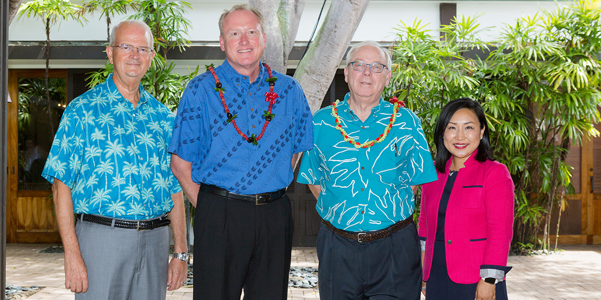 Vance Roley, dean, Shidler College of Business; Jeff Shonka, president & CEO, First Insurance Company of Hawaii; Steve Tabussi, senior vice president, First Insurance Company of Hawaii; and Unyong Nakata, executive director of development, Shidler College of Business.