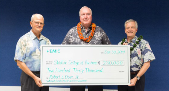 From Left to Right: Vance Roley, dean, Shidler College of Business; Robert L. Dove, Jr.; and Martin J. Welch, CEO, HEMIC.