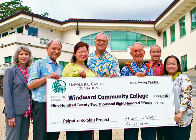 Donna Vuchinich, President & CEO UH Foundation; John Morton, Vice President for Community Colleges University of Hawai‘i System; Ardis Eschenberg, Vice Chancellor Student Affairs Windward Community College; Doug Dykstra, Chancellor Windward Community College; Mitch D’Olier, President & CEO Harold K.L. Castle Foundation; Terry George, Executive Vice President & COO Harold K.L. Castle Foundation; and Beth Murph, Grants Manager Harold K.L. Castle Foundation. Photo by Peter Tully Owen