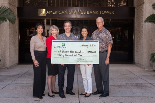 L-R: Auli‘i Graf, senior vice president and director of community & government relations, American Savings Bank; Donna Vuchinich, president and CEO, University of Hawai‘i Foundation; Richard Wacker, president and CEO, American Savings Bank; Susan Yamada, executive director, Pacific Asian Center for Entrepreneurship; and Vance Roley, dean, Shidler College of Business