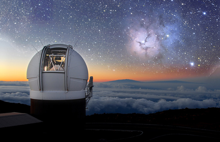 Photo of the Pan-STARRS 1 telescope atop Haleakala, Maui by Rob Ratkowski. Photomontage by Karen Teramura using an image of the Trifid Nebula taken with this telescope. © 2011, PS1 Science Consortium Photo of the Pan-STARRS 1 telescope atop Haleakala, Maui by Rob Ratkowski. Photomontage by Karen Teramura using an image of the Trifid Nebula taken with this telescope
