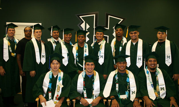 Congratulations to the sixteen Warrior football players who were among the hundreds of graduates at the Spring Commencement exercises held on Saturday, December 15, 2012. The graduates were Darius Bright, Kenton Chun, Justin Clapp, Haku Correa, Siaki Cravens, Rykin Enos, Paipai Falemalu, Jordan Gomes, Geordon Hanohano, Luke Ingram, Art Laurel, Levi Legay, Leroy Lutu, Darryl McBride, Kawika Ornellas and Alema Tachibana.