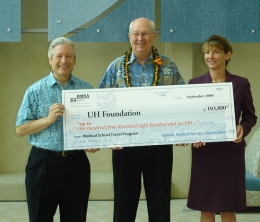 Left to Right: Dr. Jerris R. Hedges, Dean, John A. Burns School of Medicine; Cliff K. Cisco, HMSA senior vice president, Dr. Kelley Withy, associate professor and director of the AHEC center at JABSOM