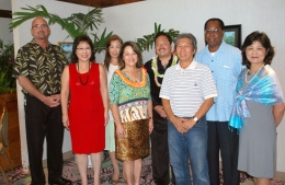 L-R Jerome Ranos, Operations Manager; Lori Maehara, Associate Prof/Counselor; Saori Sato, Program Coordinator, Honda International Center; Lynne Kaneshiro; Grant Sato, Instructor; Ron Takahashi, Dept. Chair for Culinary Arts; Leon Richards, Chancellor Kapiʻolani CC; Carol Hoshiko, Dean for Culinary Arts, Hospitality, and College Advancement