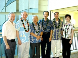 L-R- Jerris R. Hedges, MD, MS, MMM, Dean, John A. Burns School of Medicine; Mr. Yoshihisa Asano, Founder, Noguchi Medical Research Institute and the person who decided to honor Drs. Machi and Izutsu; Dr. Satoru Izutsu, Senior Associate Dean, Chair of the Admission Committee and Director of the Office of Global Health & Medicine, JABSOM; Dr. Junji B. Machi, Professor, Department of Surgery, JABSOM, and current president of Noguchi Medical Research Institute; Mr. Takashi Sawada, Executive Director and Treasurer of Noguchi Medical Research Institute; Ms. Noriko Kakehashi, RD, Co-Director, Department of Medical Exchange, NMRI.