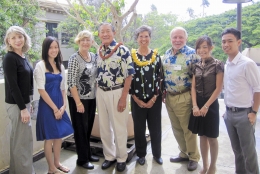Donna Vuchinich, President and CEO, UH Foundation; Joyce Nip, graduate student, School of Architecture; Virginia Hinshaw, Chancellor, UH Mānoa; Donald Goo; Laura Goo; Clark Llewellyn, Dean, School of Architecture; Queenie Leung, graduate student, School of Architecture; Richard Rivera, graduate student, School of Architecture