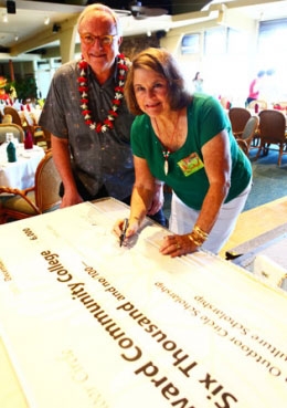 Windward CC Chancellor Doug Dykstra joins Lani-Kailua Outdoor Circle President Lyn Turner as she signs the ceremonial check.