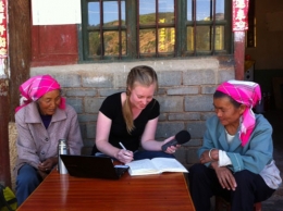 Katie Butler working with two Micha Yi aunties to record and document their language in Yunnan, China. Micha is an endangered Tibeto-Burman language with a declining speaker population of fewer than 10,000.