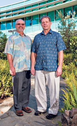 L-R: Dr. Karl and Dr. DeLong outside  the Daniel K. Inouye C-MORE Hale laboratory, UH Mānoa. Photo by Anthony Consillio.