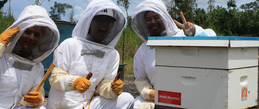 Beekeeping students at UH Hilo with an adopted hive. From left are Noelani Waters, Mandy Horimoto and Danielle Takeshita.