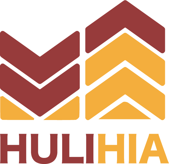 Hulihia logo: Two columns of gold and maroon chevrons that point down on left and up on right. Logotype underneath.