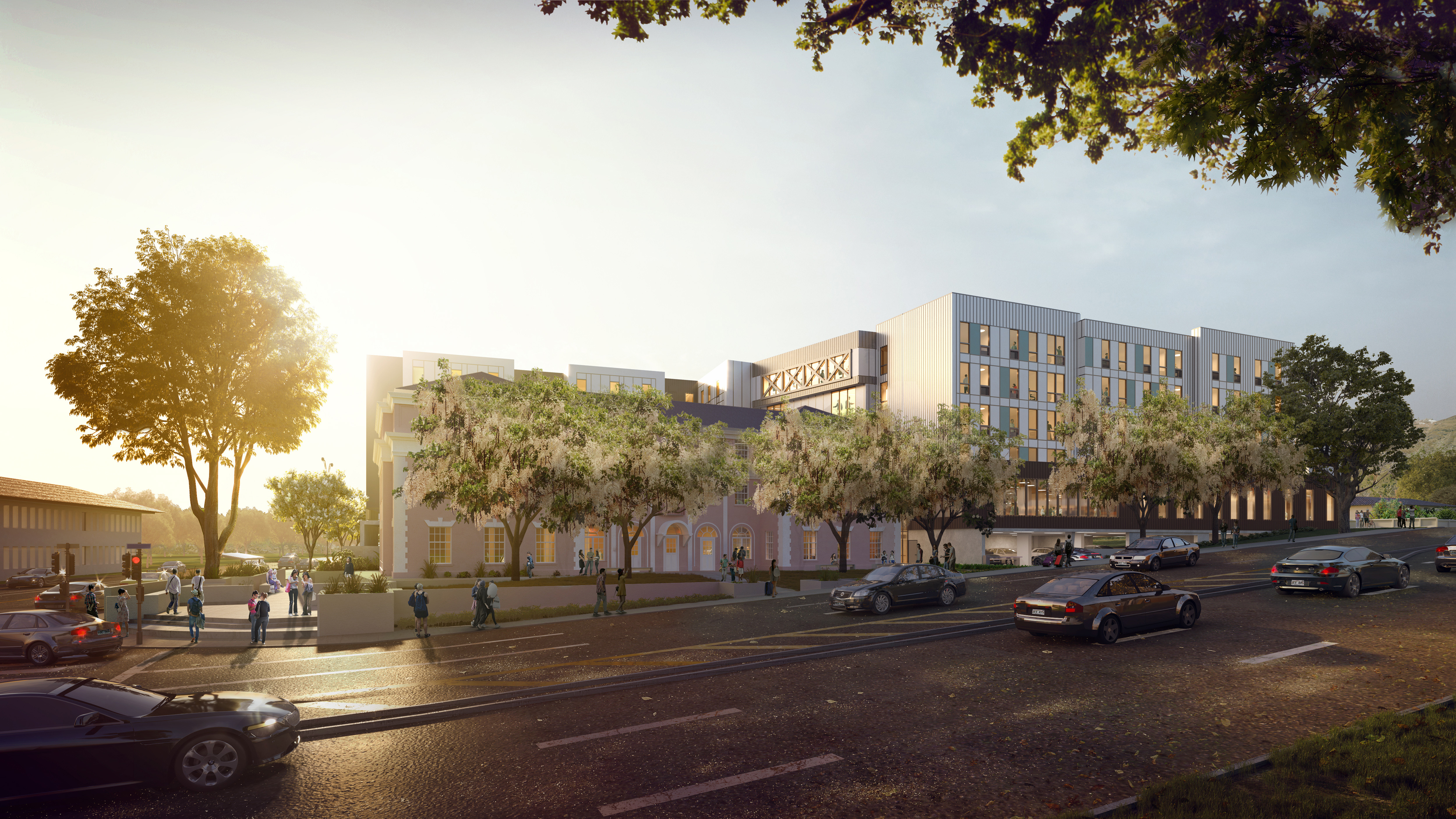 Rendering shows UH Mānoa’s Residences for Innovative Student Entrepreneurs (RISE) project in the morning.