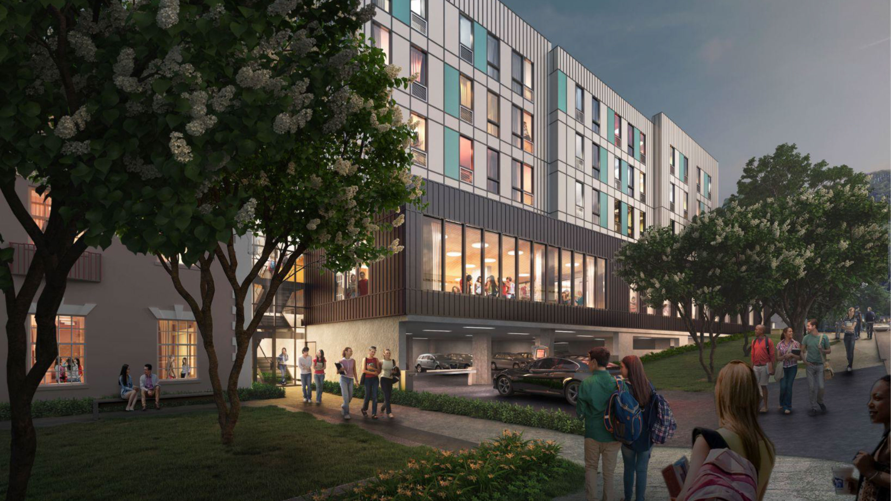 Rendering showing the main entry of the RISE project in the evening.