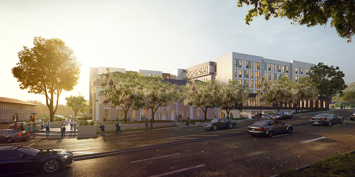 Rendering of the main entry of the RISE project at the corner of University Avenue and Metcalf Street