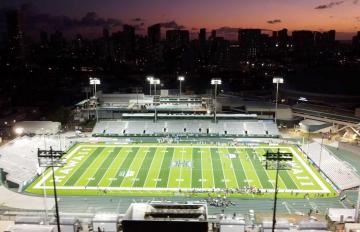 The Clarence T.C. Ching Field at the University of Hawaii at Manoa is seen at night.