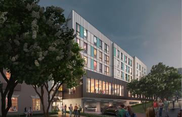 Rendering shows UH Mānoa’s Residences for Innovative Student Entrepreneurs (RISE) project in the evening.
