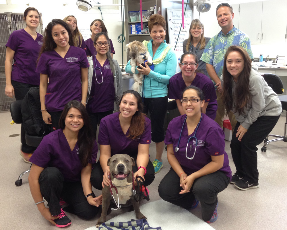 Dede celebrating her scholarship with Windward CC vet tech students and staff