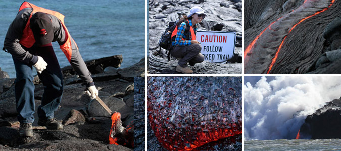 Clockwise: Mikehail Herry tests the viscosity of a flow by dipping a crowbar into the lava. Syegi Kunrat poses by a buried road sign. A cascade of lava moves downhill. Vesicles are stretched at the edge of a pahoehoe toe. Lava entering the ocean, as viewed through a zoom lens. Note protective clothing worn by CSAV scientists. Lava photos courtesy of Domenico Mangione, Italy.