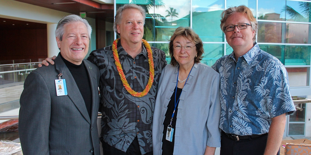 From left to right: Jerris Hedges, (Dean of the John A. Burns School of Medicine and interim director of the UH Cancer Center) Andrew Weinberg (President of the Andrew and Mary Weinberg Foundation) Patricia Blanchette, (Interim Associate Director of the University of Hawaii Cancer Center) Joe Ramos (A Professor in and the director of the Cancer Biology Program at the University of Hawaii Cancer Center)